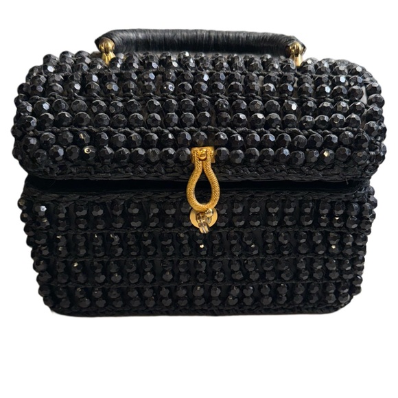 VINTAGE ANTIQUE black beaded box Style purse Elegant Black Beaded Handbag - Picture 5 of 12